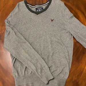 American Eagle Outfitters Gray V-Neck Sweater with Maroon Logo Accent